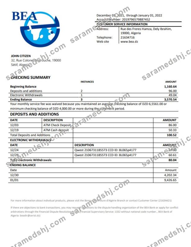 Algeria Banque extérieure d'Algérie bank statement w1